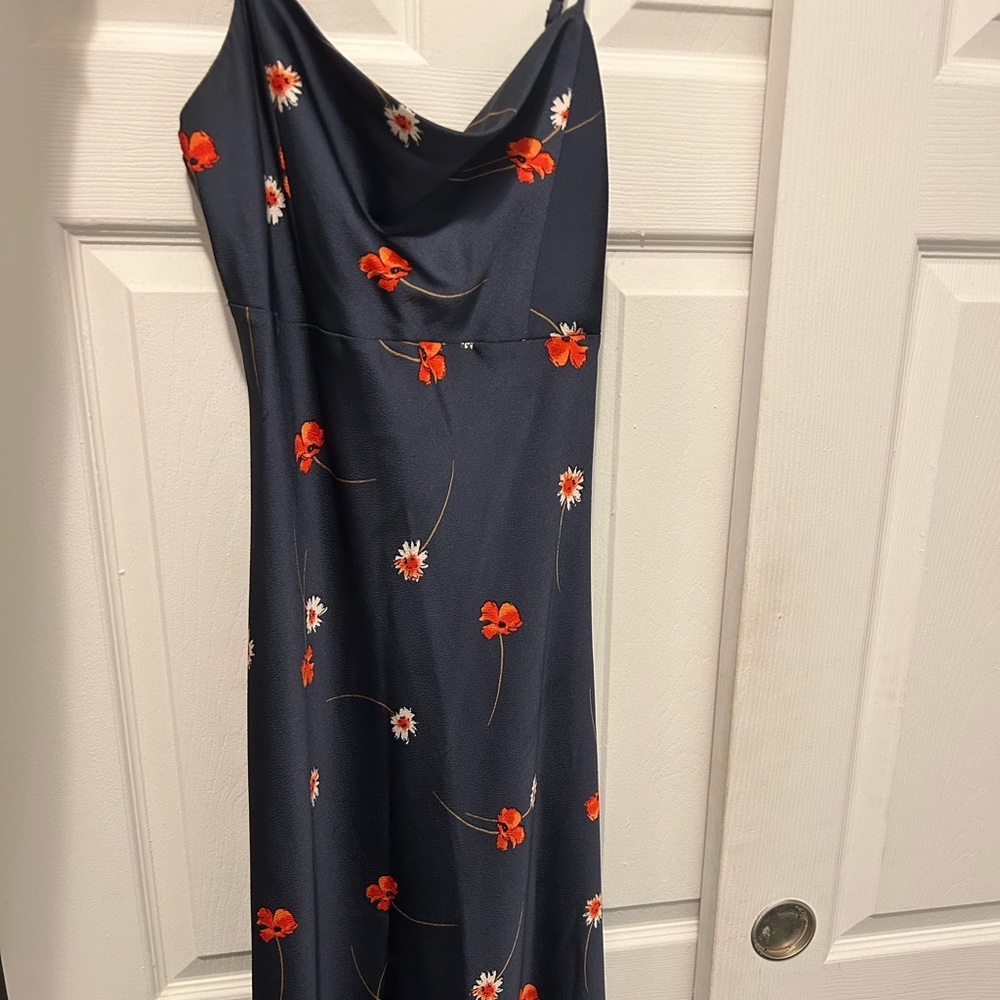Navy lush dress with cowl neck.